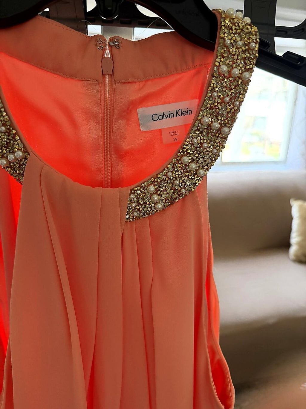 Calvin Klein Coral Embellished Neckline Dress Size 12 Worn Once