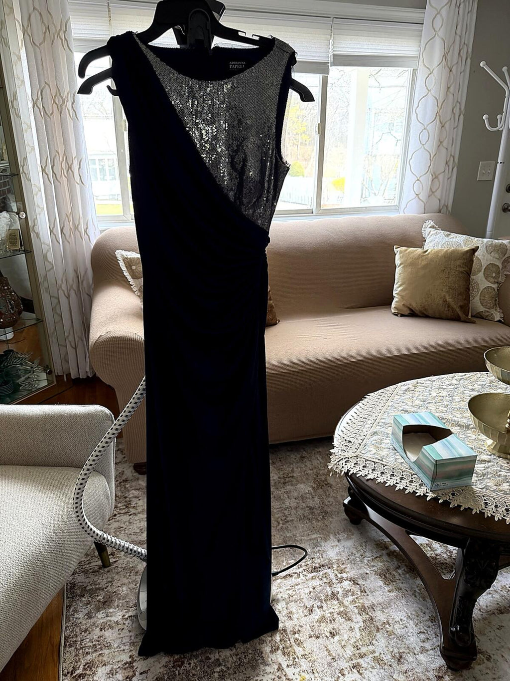 Adrianna Papell Navy Silver One Shoulder Evening Gown Size 10 Worn Once
