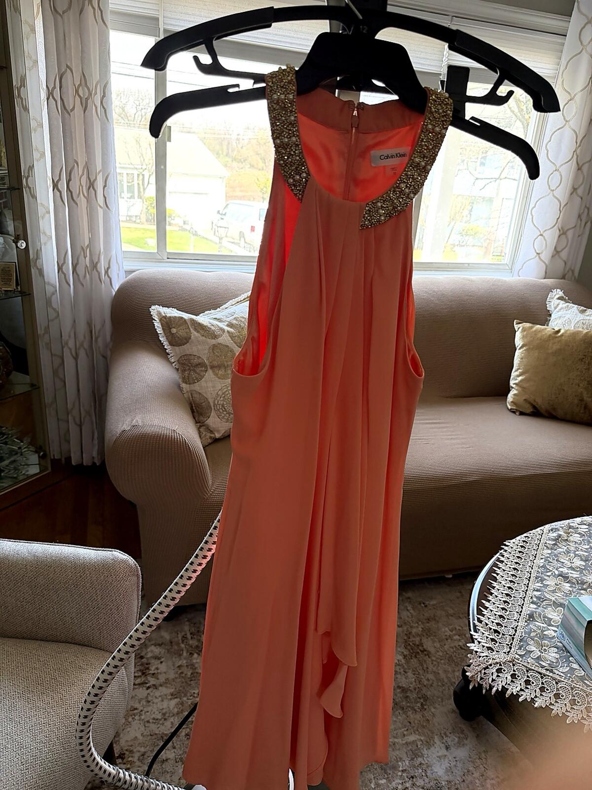 Calvin Klein Coral Embellished Neckline Dress Size 12 Worn Once