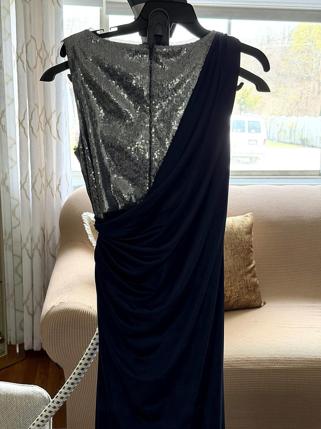 Adrianna Papell Navy Silver One Shoulder Evening Gown Size 10 Worn Once