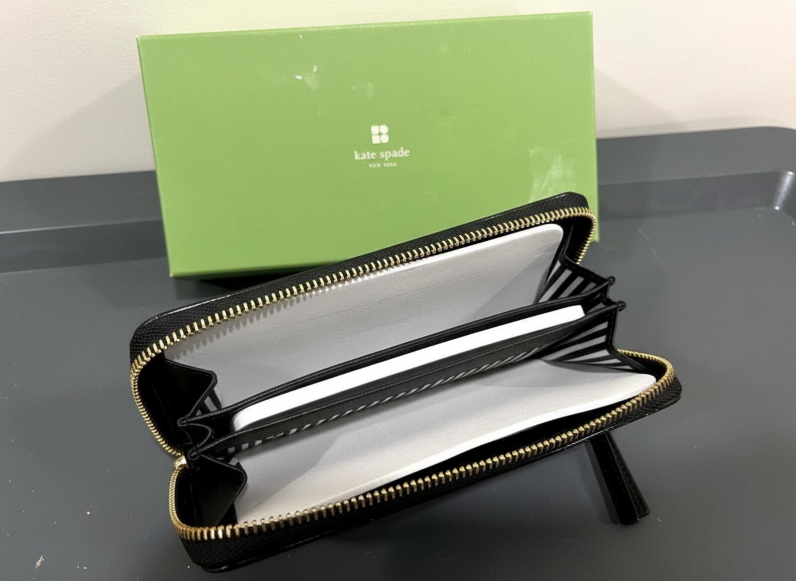 Kate Spade Black Leather Zip Around Wallet New With Box