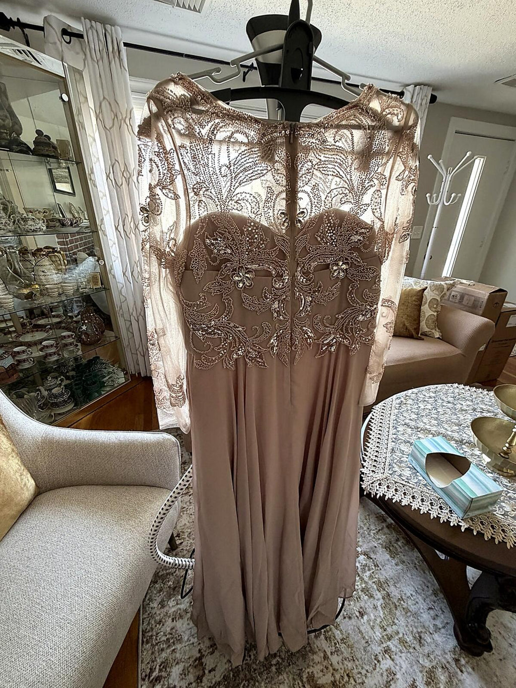 Xscape 16P Taupe Blush Embellished Illusion Formal Gown Petite Worn Once
