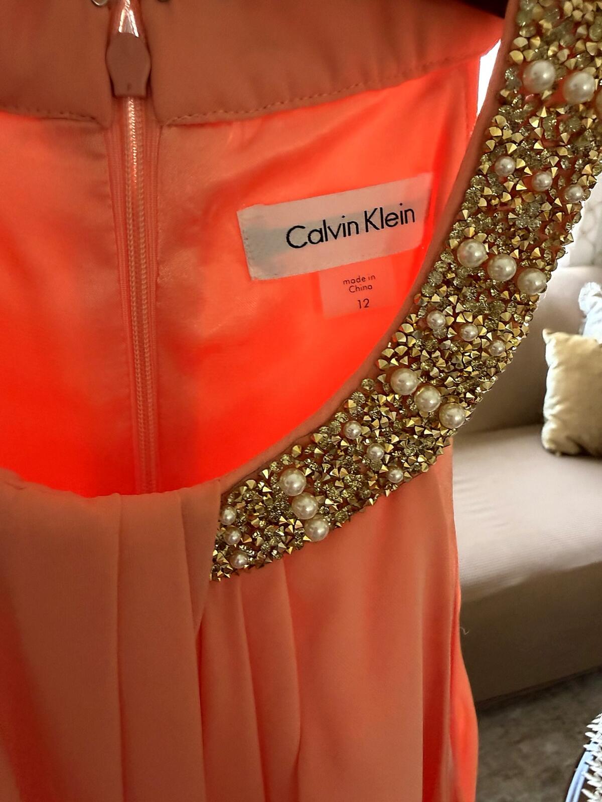 Calvin Klein Coral Embellished Neckline Dress Size 12 Worn Once