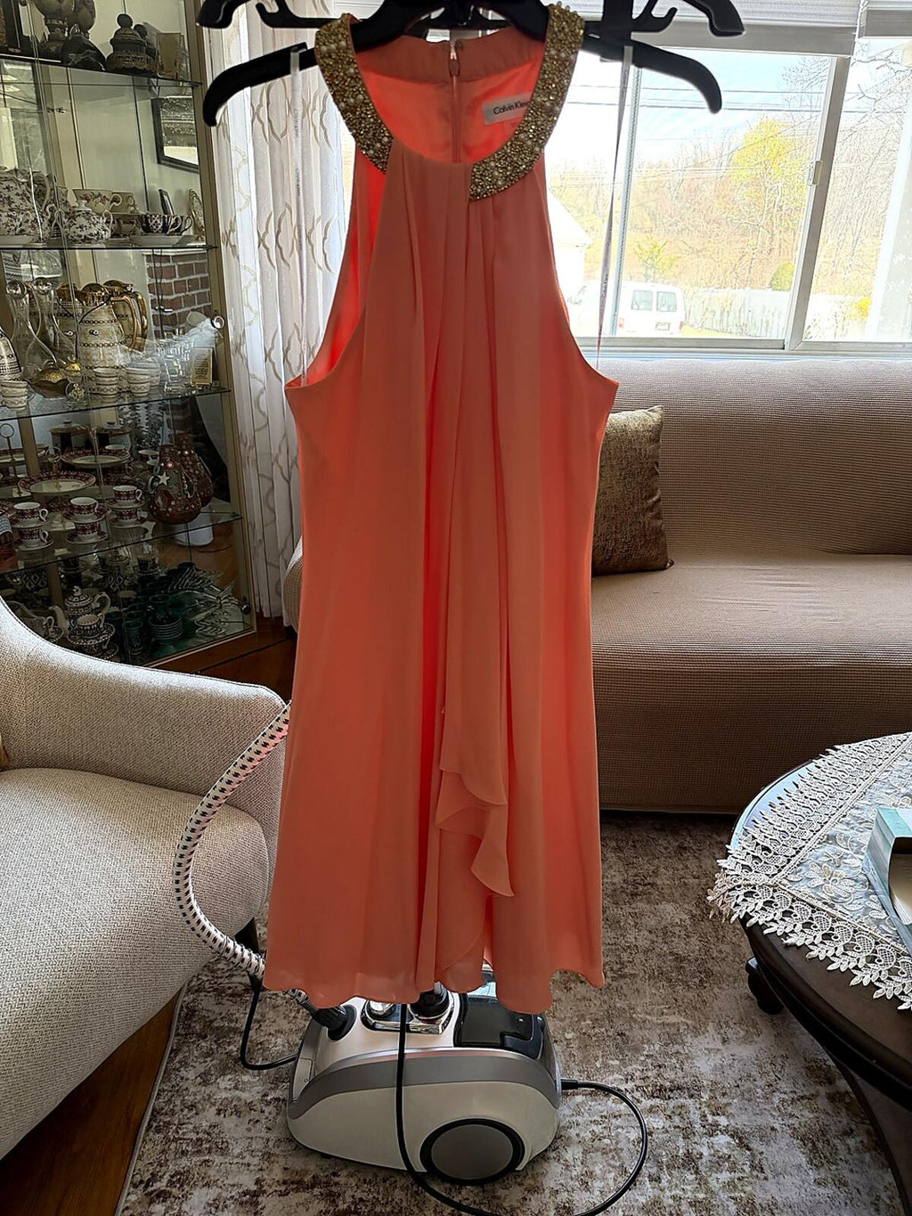 Calvin Klein Coral Embellished Neckline Dress Size 12 Worn Once